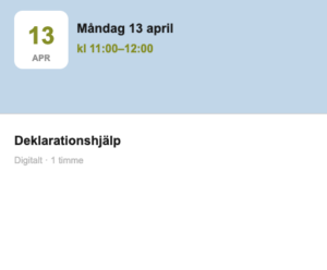 Deklarationshjälp – Måndag 13 april kl 11:00–12:00 (Digitalt, 1 timme)