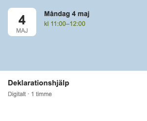 Deklarationshjälp – Måndag 4 maj kl 11:00–12:00 (Digitalt, 1 timme)